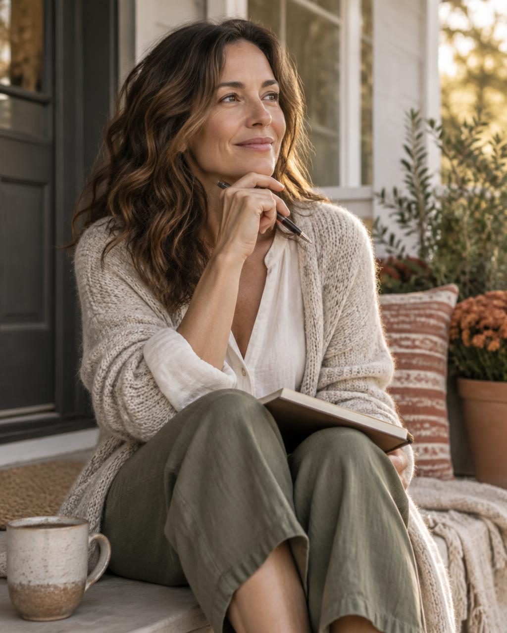 A woman pausing with a notebook and pen on a warm porch
