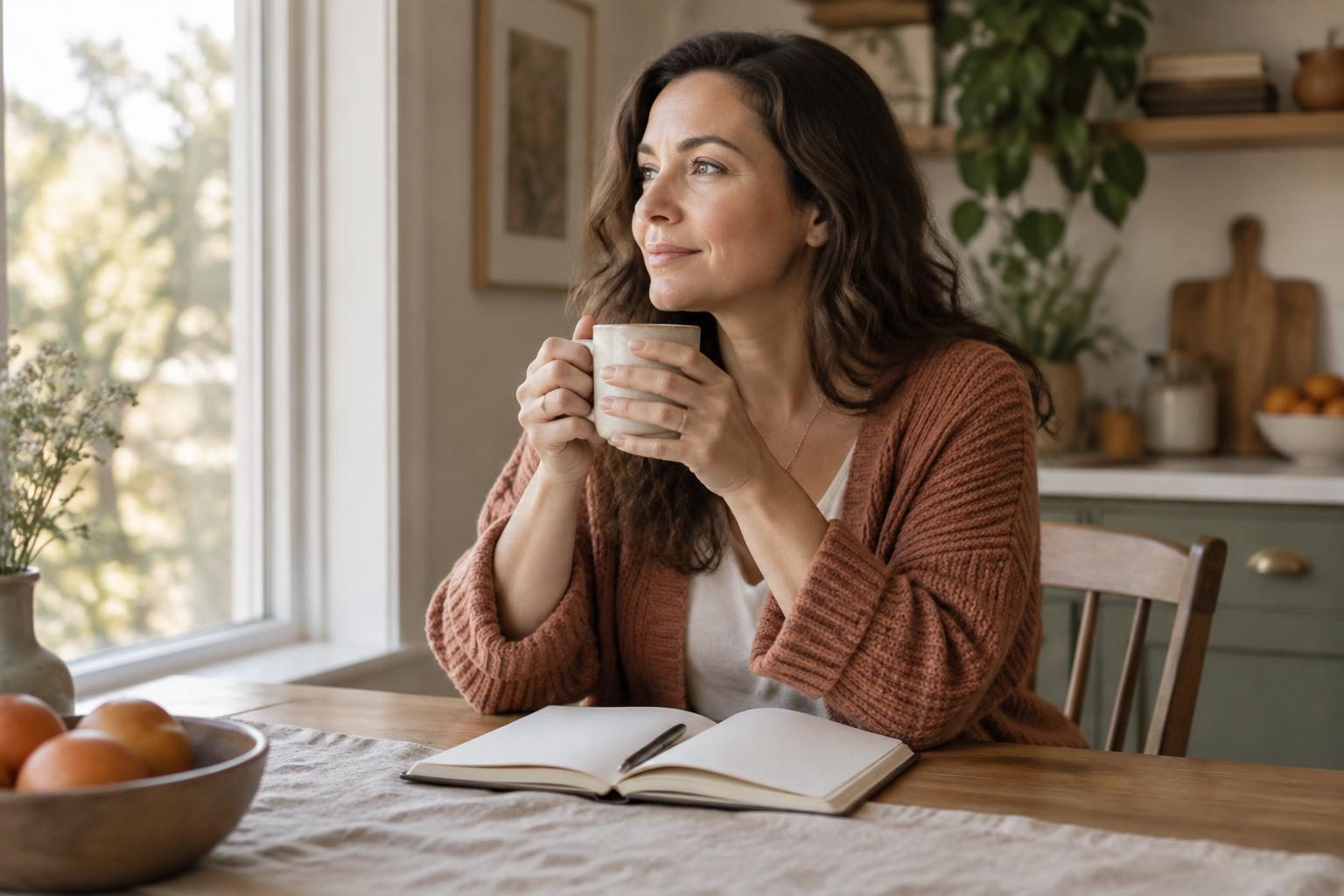 A woman holding a mug beside her open journal at a kitchen table