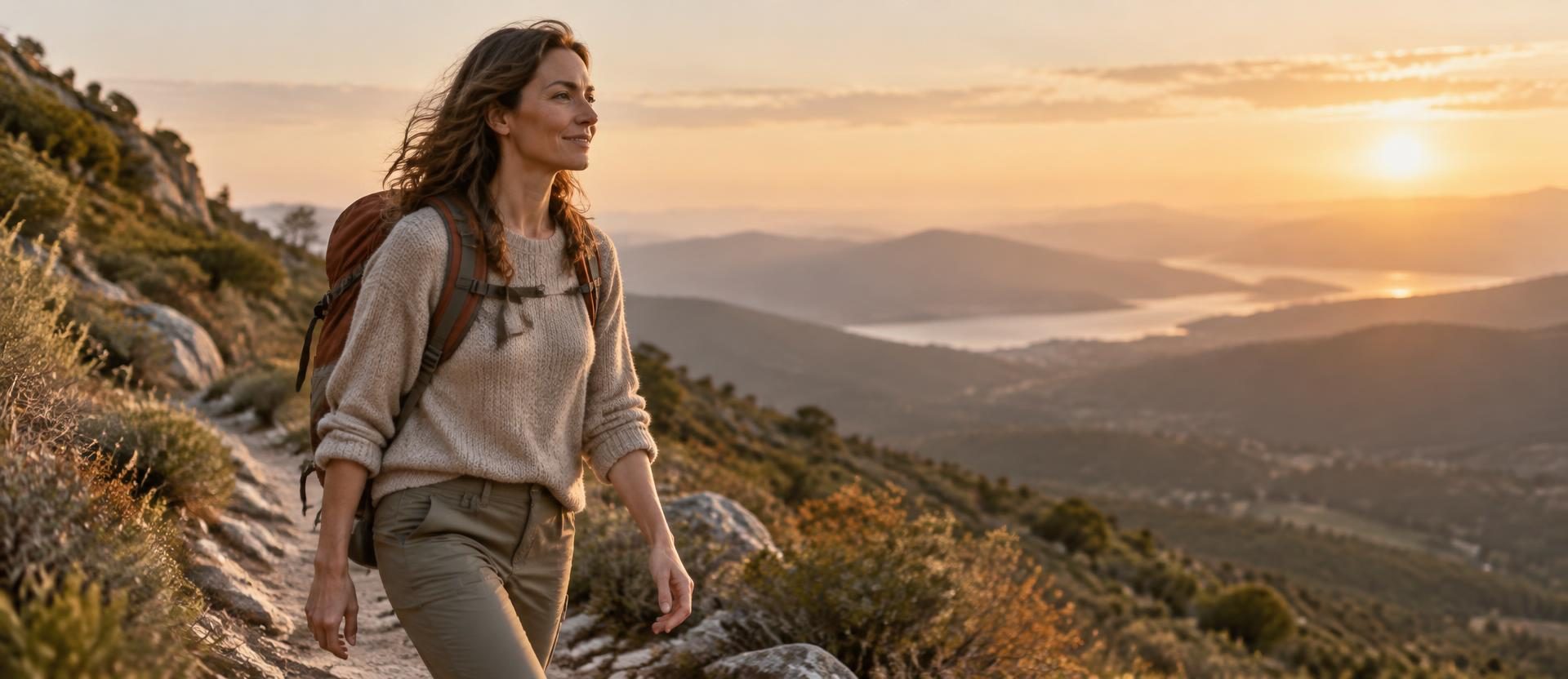 A woman walking forward on a mountain trail at golden hour